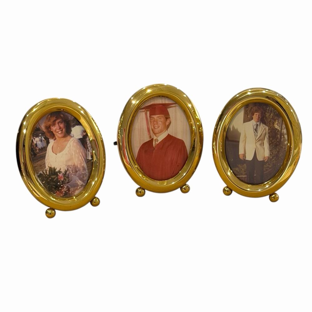 Vintage Gold Brass Tone Oval Picture Frames Set of 3 Small 2.5x3.5 Ball Feet 80s